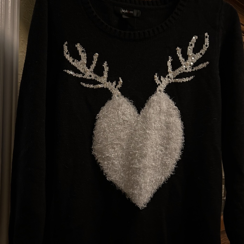 Ugly Christmas Sweater Black & White Heart and Antler Design